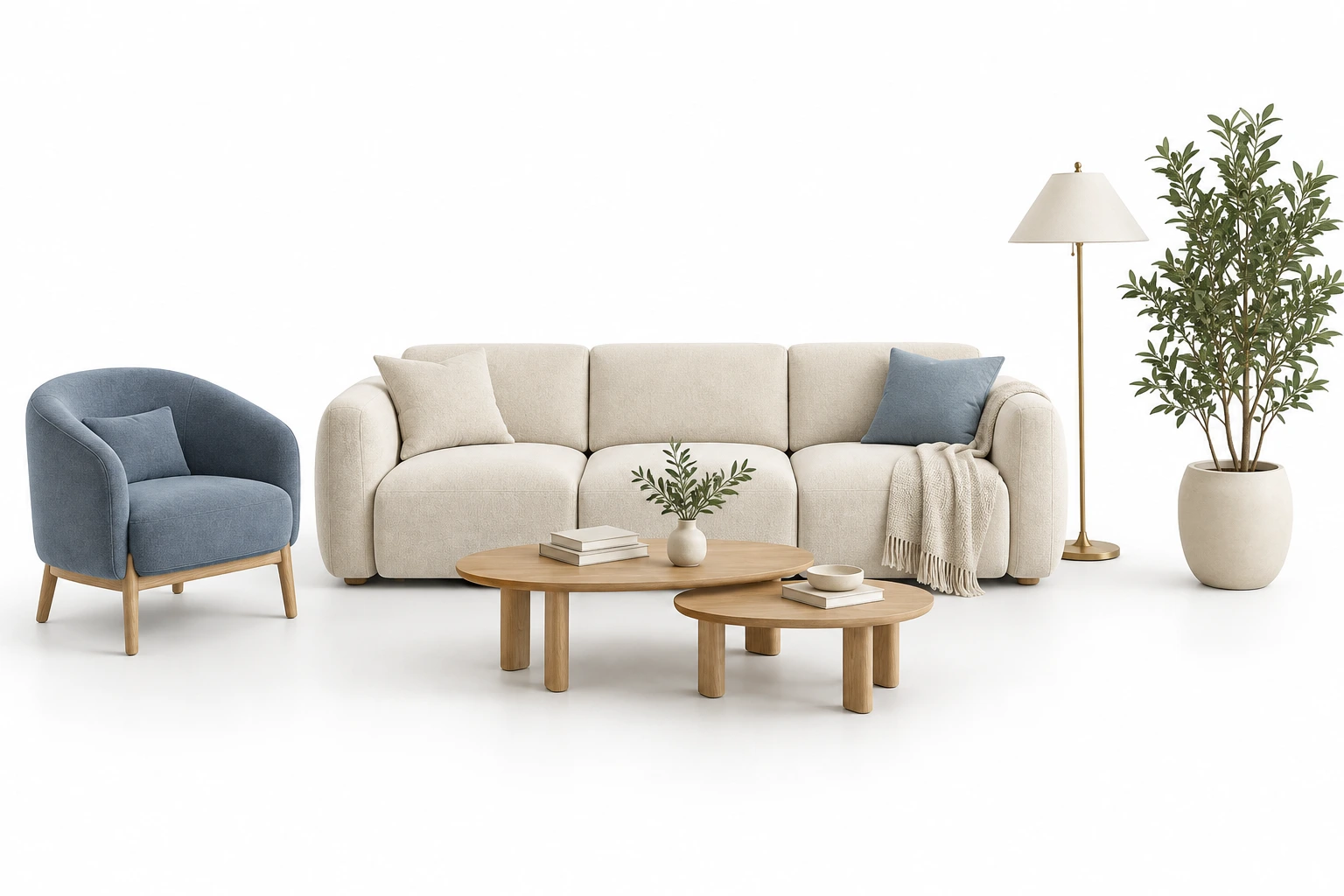 Ivory sofa, blue armchair and oak coffee tables